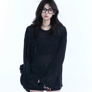 Lightweight Sheer Black Long-Sleeve Cover-Up for Women - American Retro Spring Loose Knit Top