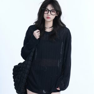 Lightweight Sheer Black Long-Sleeve Cover-Up for Women - American Retro Spring Loose Knit Top