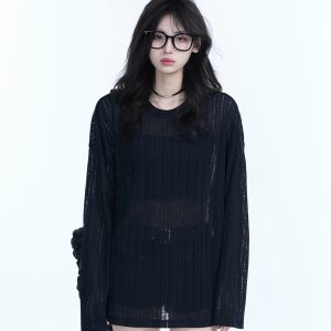 Lightweight Sheer Black Long-Sleeve Cover-Up for Women - American Retro Spring Loose Knit Top