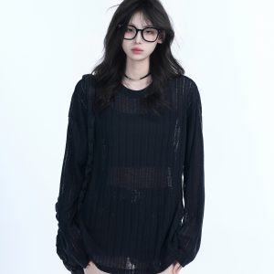 Lightweight Sheer Black Long-Sleeve Cover-Up for Women - American Retro Spring Loose Knit Top