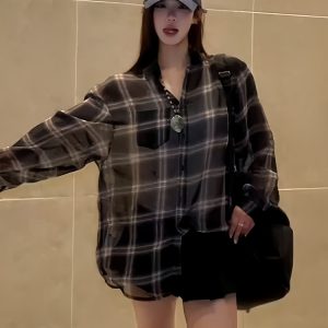 Lightweight Sheer Long Sleeve Plaid Shirt Jacket for Women - American Style Loose Top for Spring and Summer Fashion