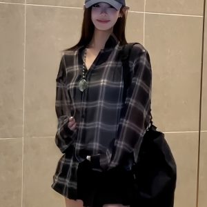 Lightweight Sheer Long Sleeve Plaid Shirt Jacket for Women - American Style Loose Top for Spring and Summer Fashion