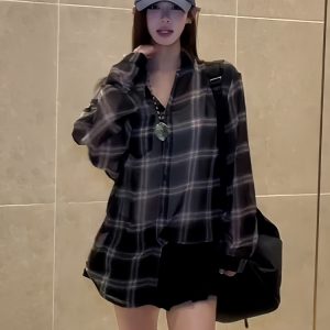 Lightweight Sheer Long Sleeve Plaid Shirt Jacket for Women - American Style Loose Top for Spring and Summer Fashion