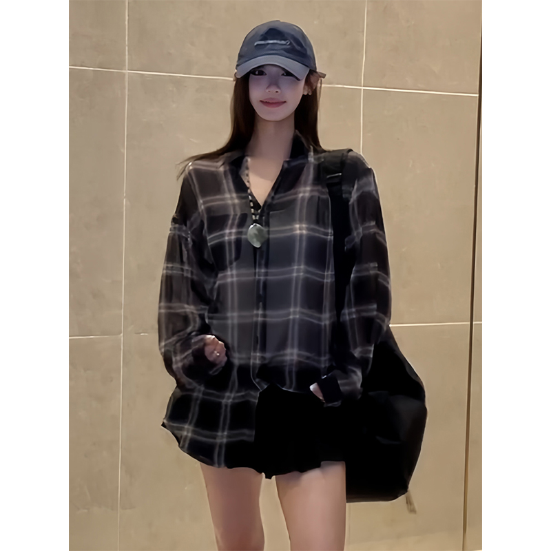 Lightweight Sheer Long Sleeve Plaid Shirt Jacket for Women - American Style Loose Top for Spring and Summer Fashion