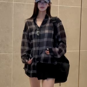 Lightweight Sheer Long Sleeve Plaid Shirt Jacket for Women - American Style Loose Top for Spring and Summer Fashion