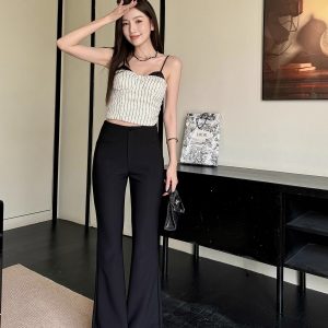 Lightweight Summer High-Waisted One-Button Slim-Fit Stretchy Floor-Length Flared Pants