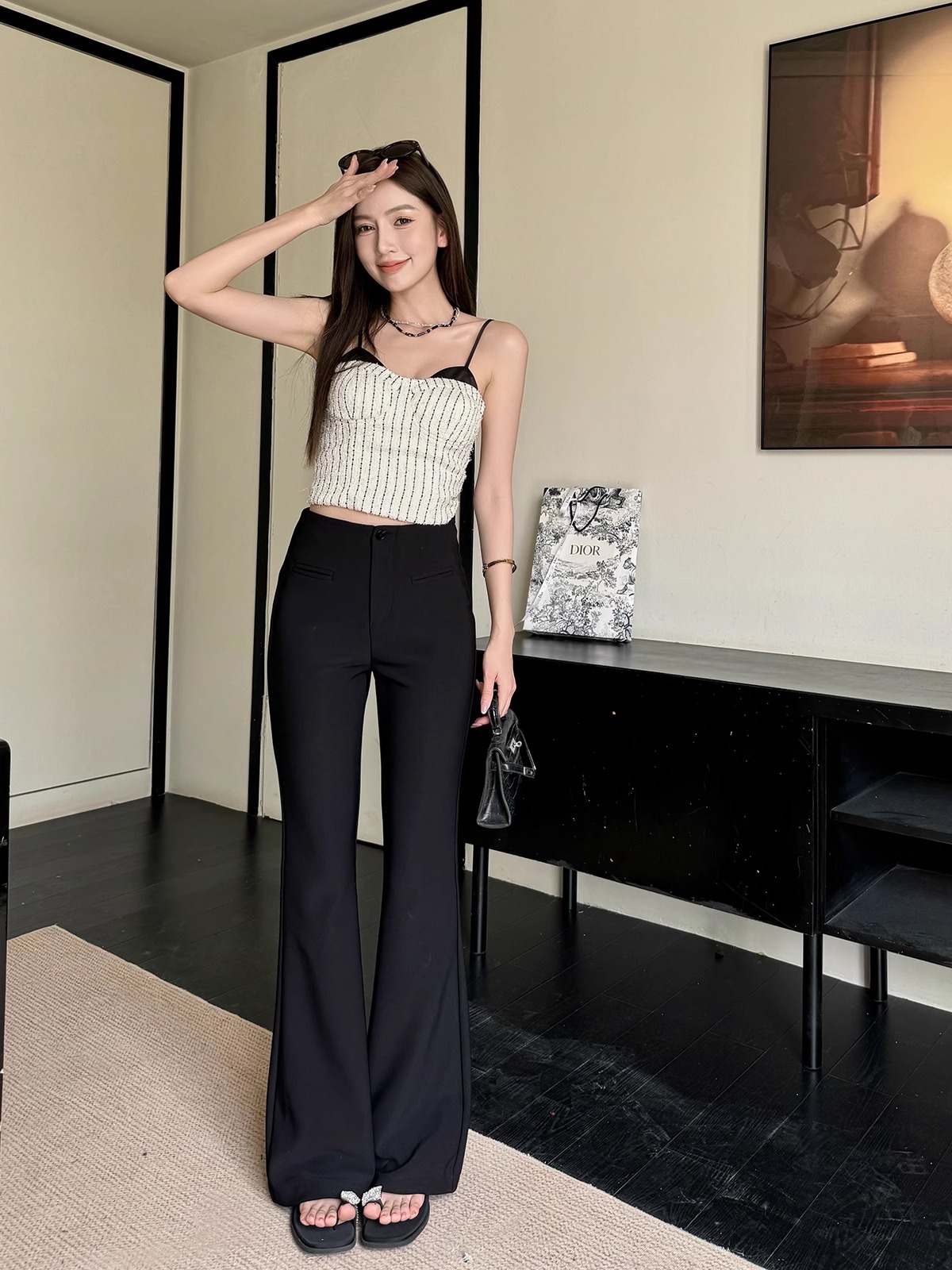 Lightweight Summer High-Waisted One-Button Slim-Fit Stretchy Floor-Length Flared Pants Lightweight Summer High-Waisted One-Button Slim-Fit Stretchy Floor-Length Flared Pants