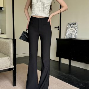 Lightweight Summer High-Waisted One-Button Slim-Fit Stretchy Floor-Length Flared Pants