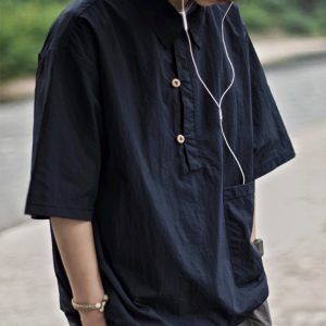 Lightweight Summer Japanese-Style Solid Color Polo Shirt for Men and Women - Retro Pocket Half-Sleeve Outdoor Trend