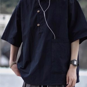 Lightweight Summer Japanese-Style Solid Color Polo Shirt for Men and Women - Retro Pocket Half-Sleeve Outdoor Trend