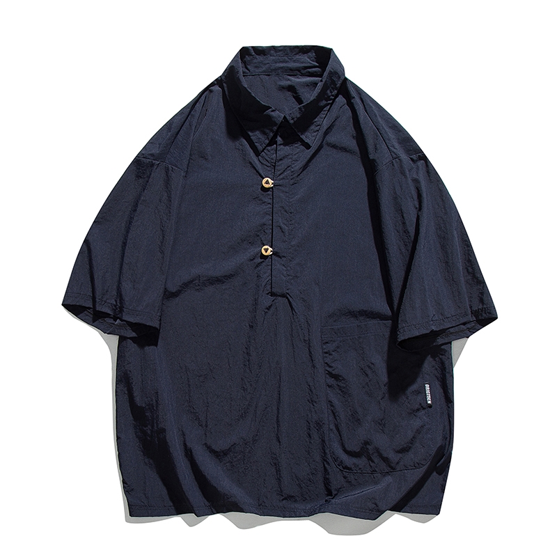 Lightweight Summer Japanese-Style Solid Color Polo Shirt for Men and Women - Retro Pocket Half-Sleeve Outdoor Trend