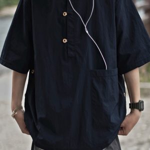 Lightweight Summer Japanese-Style Solid Color Polo Shirt for Men and Women - Retro Pocket Half-Sleeve Outdoor Trend