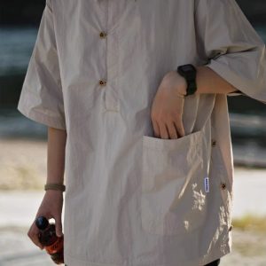 Lightweight Summer Japanese-Style Solid Color Polo Shirt for Men and Women - Retro Pocket Half-Sleeve Outdoor Trend