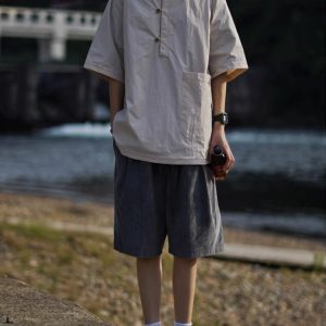 Lightweight Summer Japanese-Style Solid Color Polo Shirt for Men and Women - Retro Pocket Half-Sleeve Outdoor Trend