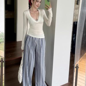 Lightweight Summer Sun-Protective White T-Shirt with Checkered Wide-Leg Pants Vacation Outfit for Women