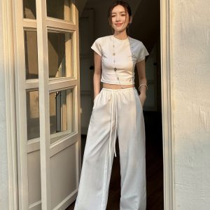Lightweight Tencel Cotton Linen Wide-Leg Pants for Women - Breathable Mid-Waist Loose Fit Casual Trousers for Spring Summer