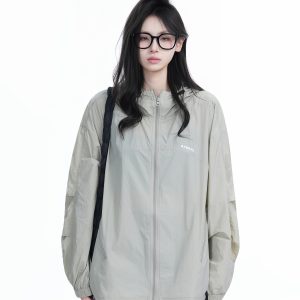 Lightweight UV Protection Jacket for Women, Loose Fit Zip-Up Hooded Coat, Ice-Feel Fabric, Sun Protection Outerwear