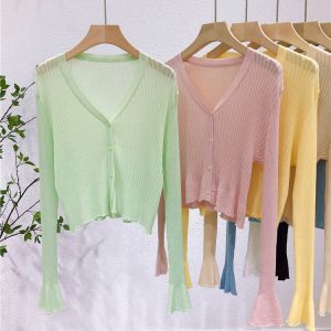 Lightweight V-Neck Knit Cardigan, Ribbed Ice Silk Short Outerwear, Sun Protection Cover-Up Top for Spring and Summer Fashion