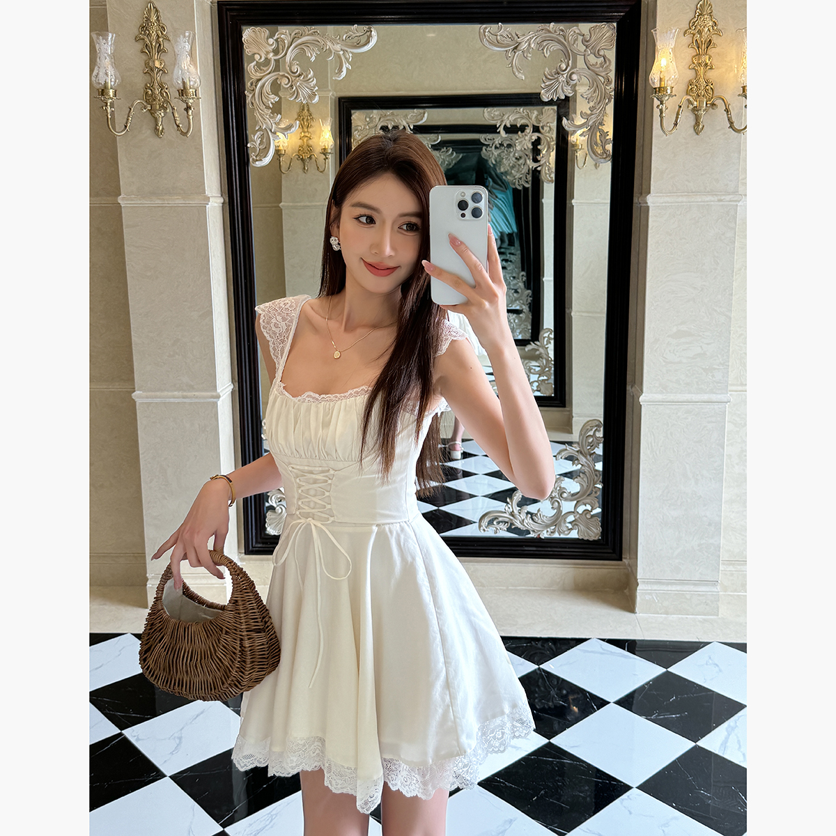 Lightweight White Lace Spaghetti Strap Dress for Women - Summer French Style with Waist-Cinching Design and Flared Short Skirt
