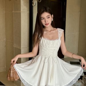 Lightweight White Lace Spaghetti Strap Dress for Women - Summer French Style with Waist-Cinching Design and Flared Short Skirt