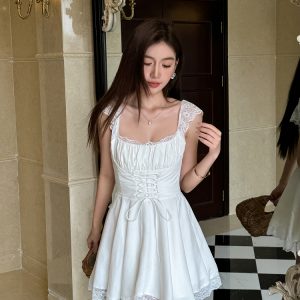 Lightweight White Lace Spaghetti Strap Dress for Women - Summer French Style with Waist-Cinching Design and Flared Short Skirt