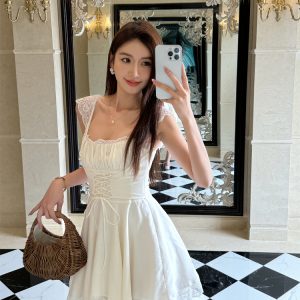 Lightweight White Lace Spaghetti Strap Dress for Women - Summer French Style with Waist-Cinching Design and Flared Short Skirt