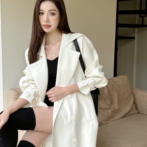 Lightweight White Mid-Length Trench Coat 2025, Casual Drape, Belted Double-Breasted Design, Chic Everyday Outerwear