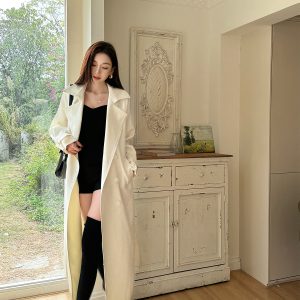Lightweight White Mid-Length Trench Coat 2025, Casual Drape, Belted Double-Breasted Design, Chic Everyday Outerwear