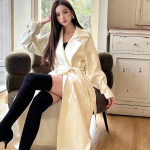 Lightweight White Mid-Length Trench Coat 2025, Casual Drape, Belted Double-Breasted Design, Chic Everyday Outerwear