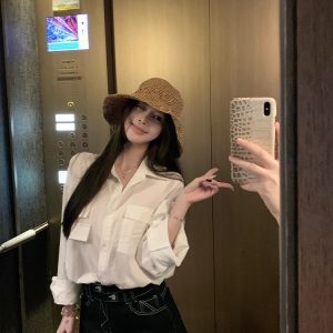 Long Sleeve Imitation Linen Shirt for Women - White Loose Summer Top with Sun Protection - Casual Intellectual Relaxation Style