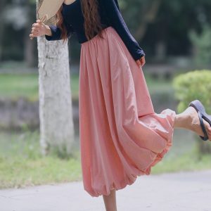 Long Slim Fit Pumpkin Skirt with Flower Buds - Sweet Jellyfish Design, Spring 2025 Women's Wrinkle-Resistant Half Skirt