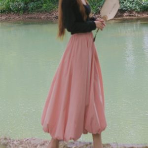 Long Slim Fit Pumpkin Skirt with Flower Buds - Sweet Jellyfish Design, Spring 2025 Women's Wrinkle-Resistant Half Skirt