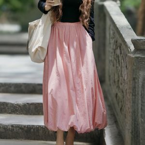 Long Slim Fit Pumpkin Skirt with Flower Buds - Sweet Jellyfish Design, Spring 2025 Women's Wrinkle-Resistant Half Skirt