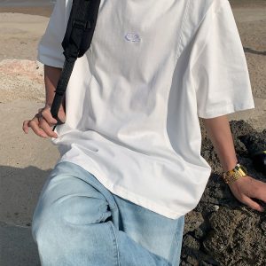 Loose American Cut Letter Embroidered Shoulder T-Shirt - Casual Short Sleeve Top for Mid-Summer Style, Cool Feel, Trendy Fashion