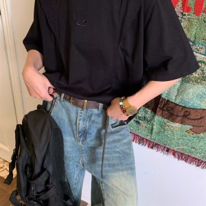 Loose American Cut Letter Embroidered Shoulder T-Shirt - Casual Short Sleeve Top for Mid-Summer Style, Cool Feel, Trendy Fashion