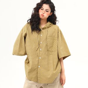 Loose Blue Plaid Hooded Short-Sleeve Shirt for Women - Versatile Summer Literary College Style