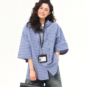 Loose Blue Plaid Hooded Short-Sleeve Shirt for Women - Versatile Summer Literary College Style