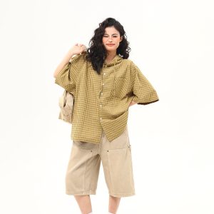 Loose Blue Plaid Hooded Short-Sleeve Shirt for Women - Versatile Summer Literary College Style