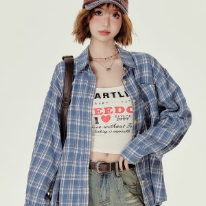 Loose Blue Plaid Shirt Jacket for Women - American College Style, Autumn Collection, Age-Reducing Casual Top