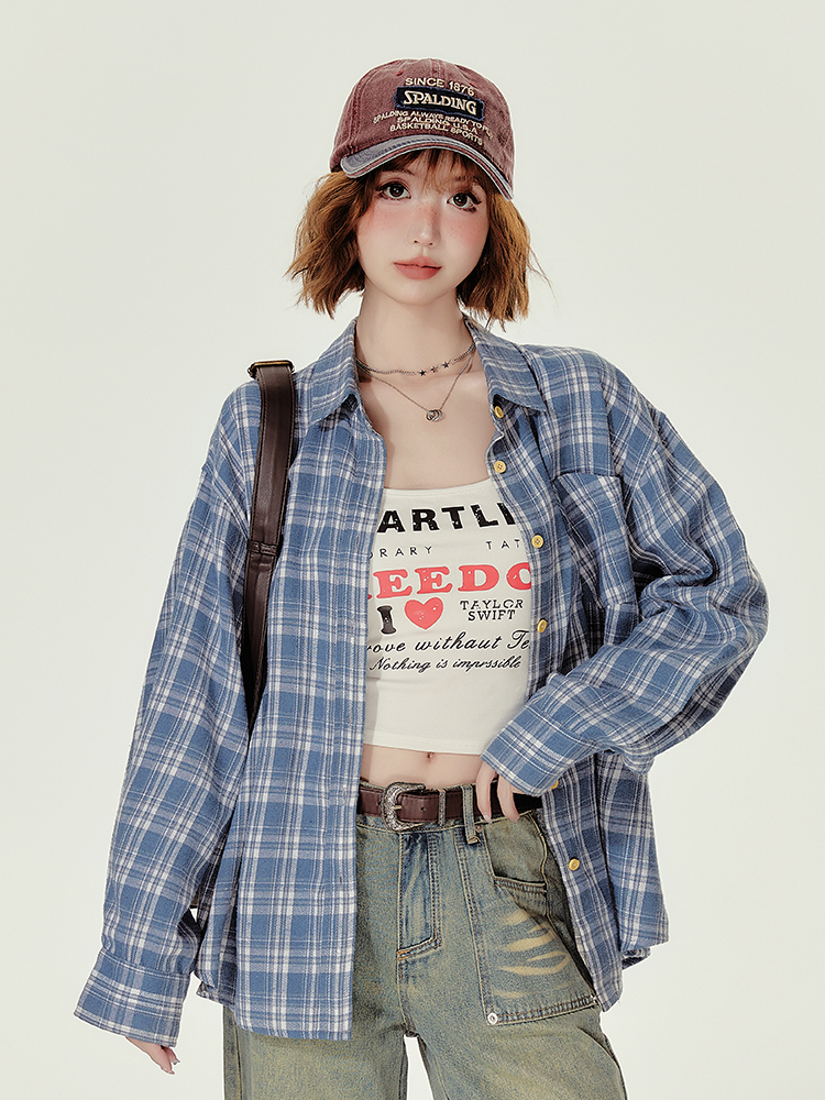 Loose Blue Plaid Shirt Jacket for Women - American College Style, Autumn Collection, Age-Reducing Casual Top Loose Blue Plaid Shirt Jacket for Women - American College Style, Autumn Collection, Age-Reducing Casual Top