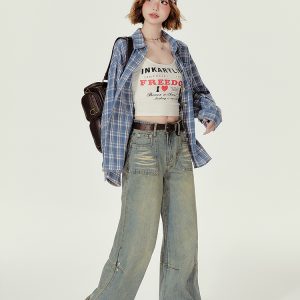 Loose Blue Plaid Shirt Jacket for Women - American College Style, Autumn Collection, Age-Reducing Casual Top