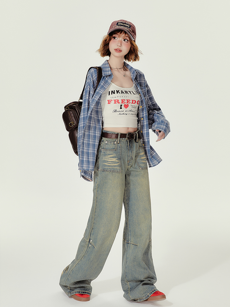 Loose Blue Plaid Shirt Jacket for Women - American College Style, Autumn Collection, Age-Reducing Casual Top Loose Blue Plaid Shirt Jacket for Women - American College Style, Autumn Collection, Age-Reducing Casual Top