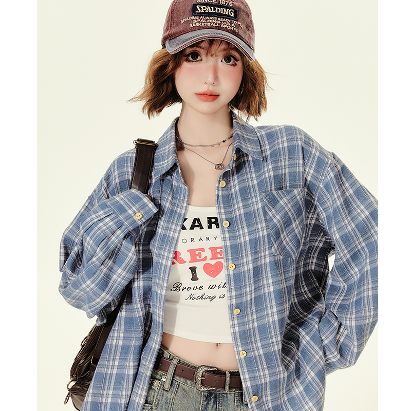 Loose Blue Plaid Shirt Jacket for Women - American College Style, Autumn Collection, Age-Reducing Casual Top