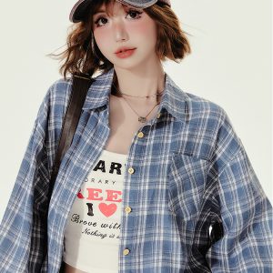Loose Blue Plaid Shirt Jacket for Women - American College Style, Autumn Collection, Age-Reducing Casual Top