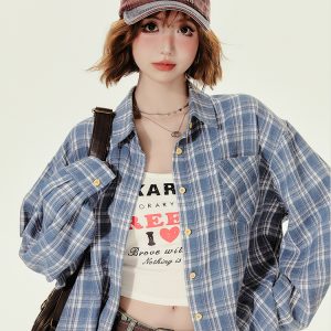 Loose Blue Plaid Shirt Jacket for Women - American College Style, Autumn Collection, Age-Reducing Casual Top