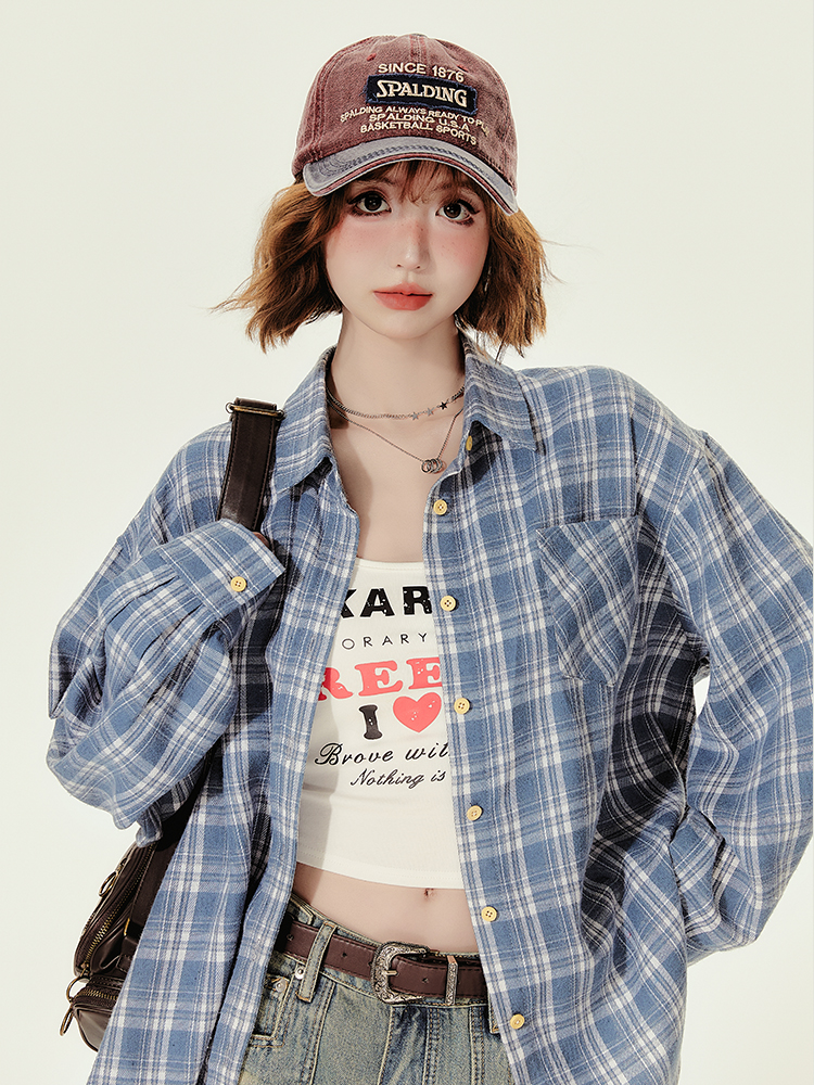 Loose Blue Plaid Shirt Jacket for Women - American College Style, Autumn Collection, Age-Reducing Casual Top Loose Blue Plaid Shirt Jacket for Women - American College Style, Autumn Collection, Age-Reducing Casual Top