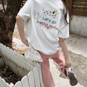 Loose Cartoon Embroidery Short Sleeve T-Shirt for Women - Summer 2025 Pure Cotton Round Neck Top, Casual Y2K Style