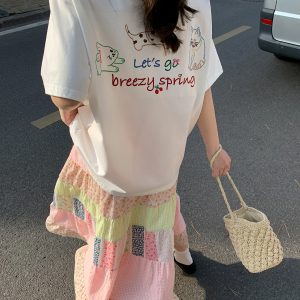 Loose Cartoon Embroidery Short Sleeve T-Shirt for Women - Summer 2025 Pure Cotton Round Neck Top, Casual Y2K Style