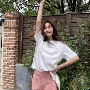 Loose Cartoon Embroidery Short Sleeve T-Shirt for Women - Summer 2025 Pure Cotton Round Neck Top, Casual Y2K Style