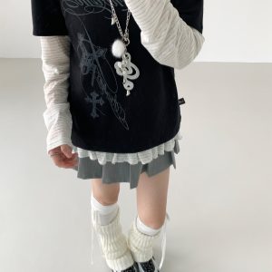 Loose Casual Black and White Short Sleeve T-Shirt with Text Print - Round Neck, Trendy Street Style, Everyday Essential